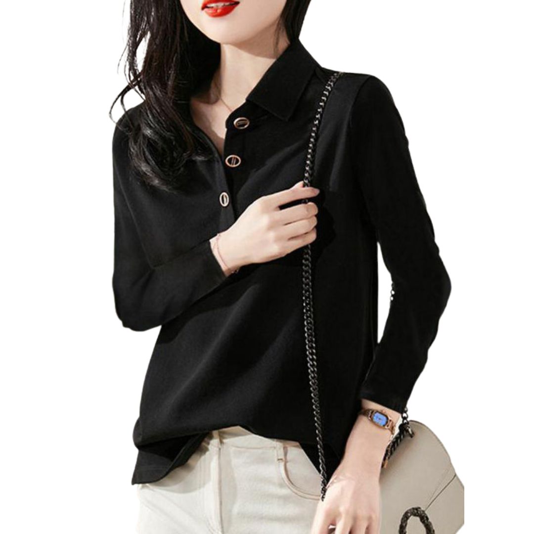 Lena | Elegante blouse met opstaande kraag en knoopsluiting. in de kleur Zwart voor in stijl ideaal voor de herfst.
