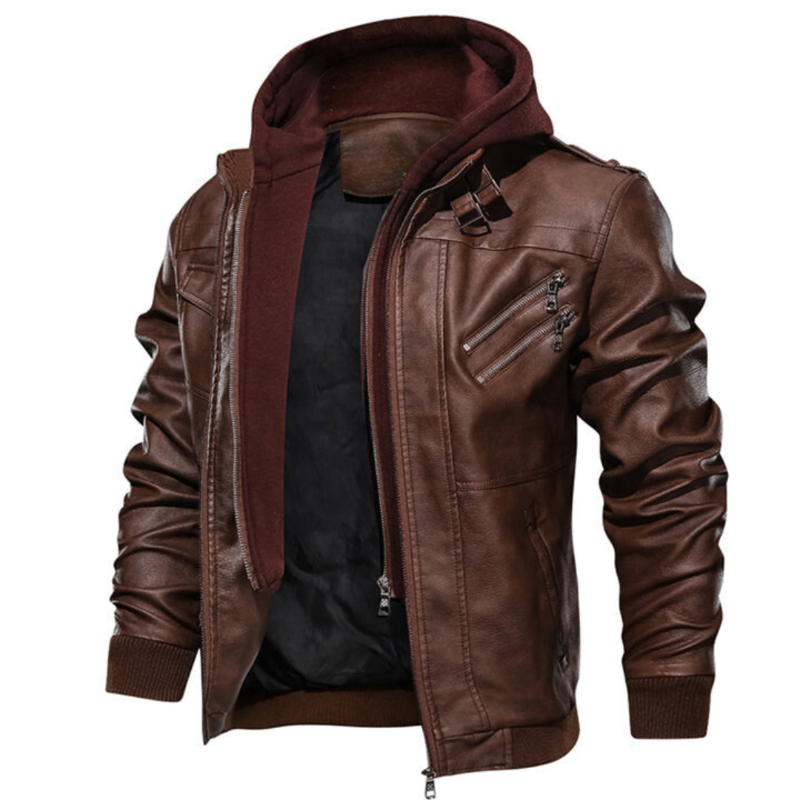 Leren Jack in met voering en capuchon voor mannen in de kleur Zwart voor heren in stijl ideaal voor de herfst.