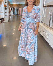 Leuke V-hals Jurk met print en A-lijn in de kleur Blauw voor dames in stijl ideaal voor de lente.
