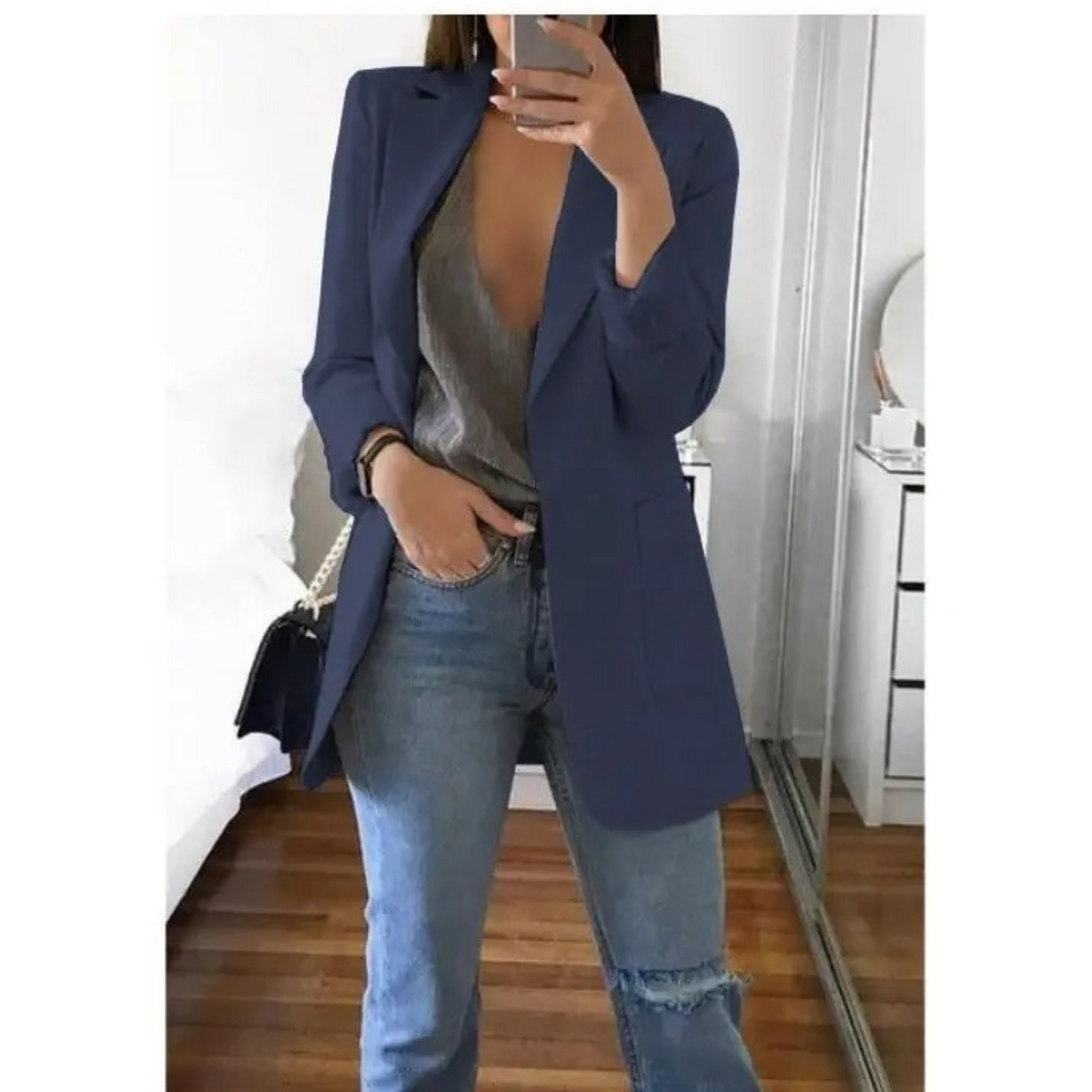 Lisa | Lange blazer voor dames in de kleur Donkerblauw voor dames in Formal stijl geschikt voor alle seizoenen.