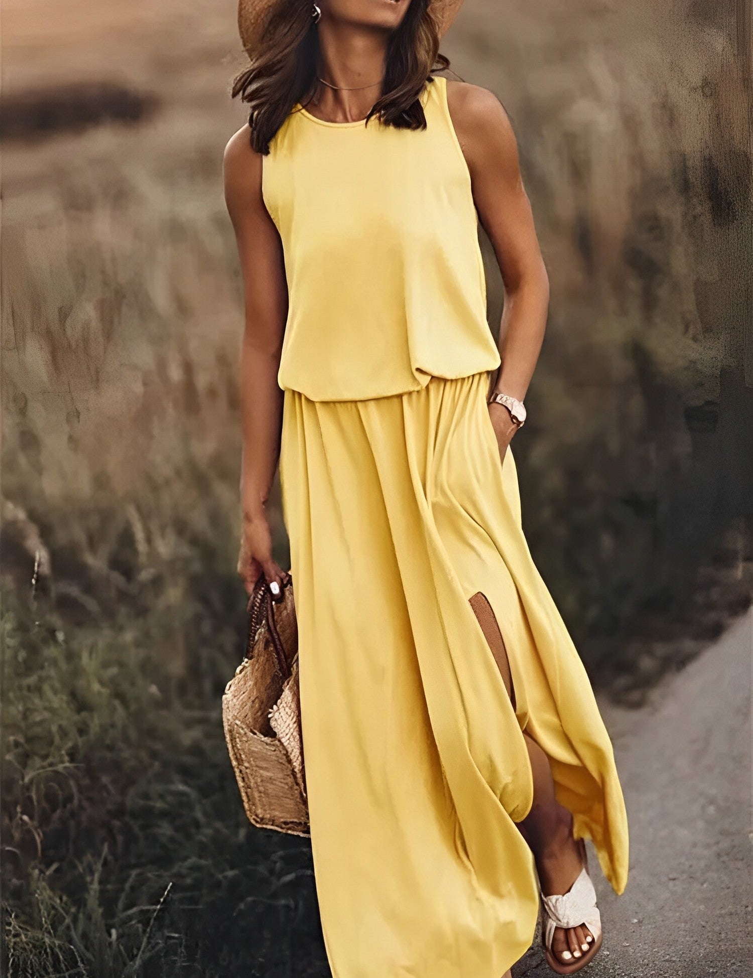 Deze maxi-jurk straalt een elegante en kleurrijke stijl uit, ideaal voor diverse gelegenheden. Met een vleugje retrostijl biedt deze jurk zowel comfort als trendy uitstraling. Mouwloos ontwerp voor zomerse elegantie, in hoogwaardige en duurzame materialen voor een comfortabele pasvorm.