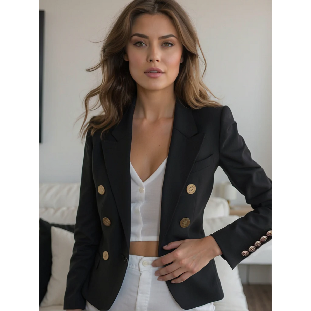 Louise | Comfortabele luxe blazer met knopen van katoen in de kleur Zwart voor dames in Formal stijl geschikt voor alle seizoenen.