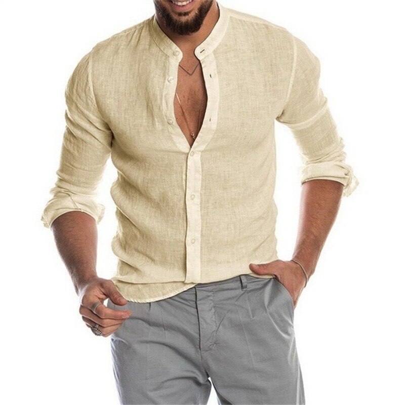 Luchtige lente overhemd van katoen en linnen in de kleur Khaki voor heren in stijl ideaal voor de lente.
