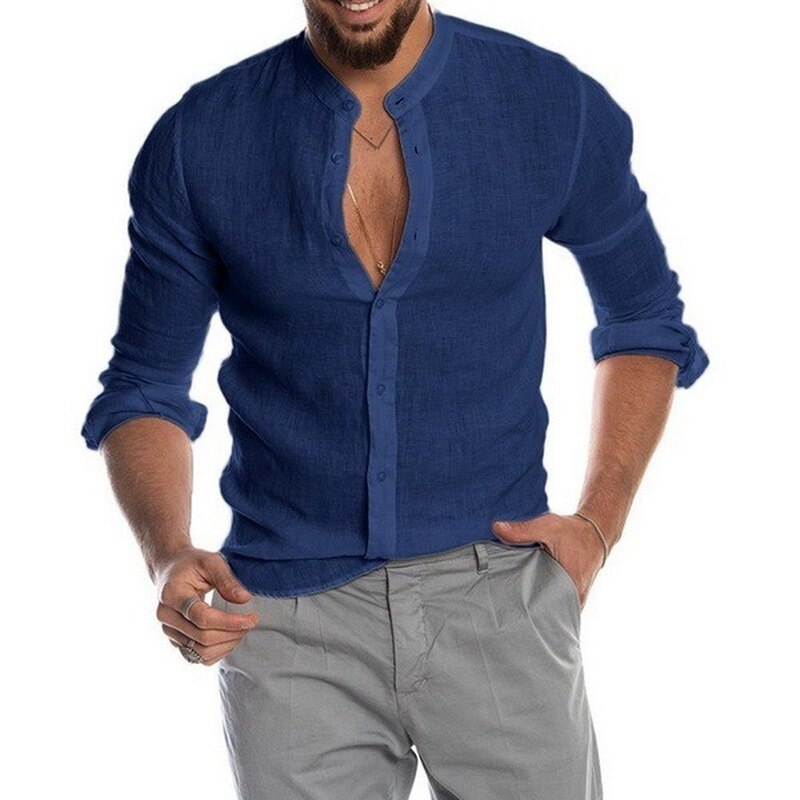 Luchtige lente overhemd van katoen en linnen in de kleur Marineblauw voor heren in stijl ideaal voor de lente.