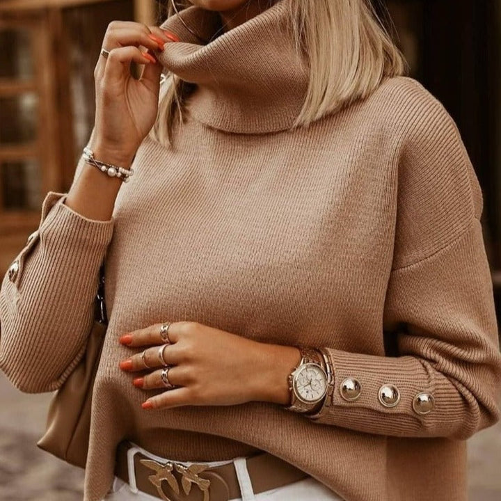 Lulu | Elegante trendy trui met hoge kraag in de kleur Khaki voor dames in Casual stijl ideaal voor de herfst.