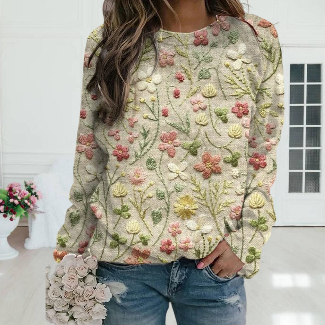 Magriet | Trui met gestikte bloemen voor vrouwen in de kleur Bloemen voor dames in stijl ideaal voor de lente.