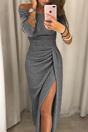Mariah | Elegante fluwelen kerstjurk met split in de kleur Grijs voor dames in Party stijl ideaal voor de herfst.