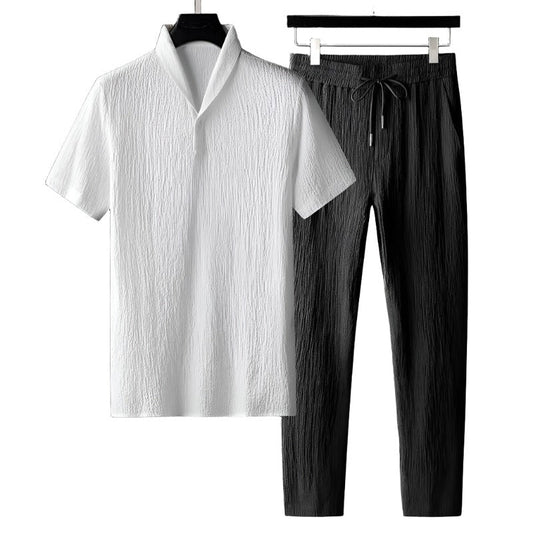 Matthijs | Katoenen polo & pantalon set in de kleur Zwart/Wit voor heren in Formal stijl ideaal voor de lente.