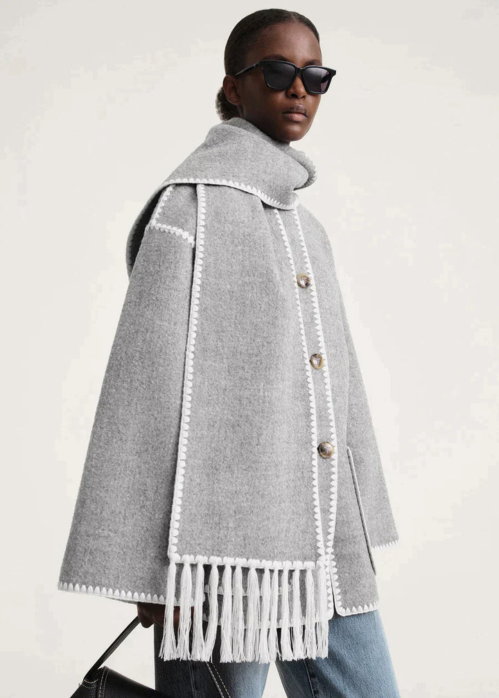 Merino | Luxe wollen jas met sjaal voor vrouwen in de kleur Zwart/Wit voor dames in Heritage stijl ideaal voor de winter