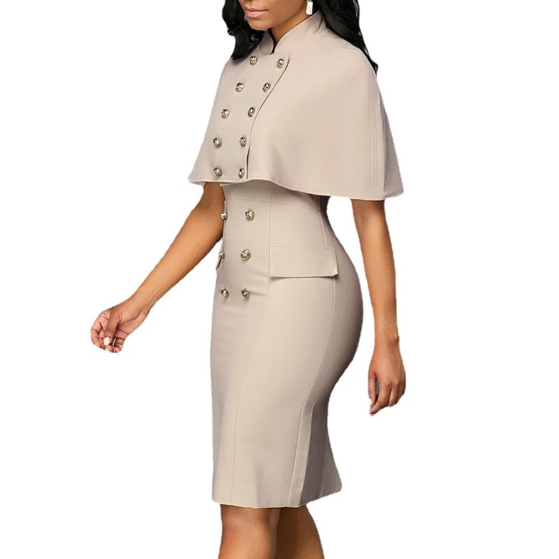 Mila Stijlvolle cape-kraag jurk in de kleur Khaki voor dames in stijl ideaal voor de herfst.