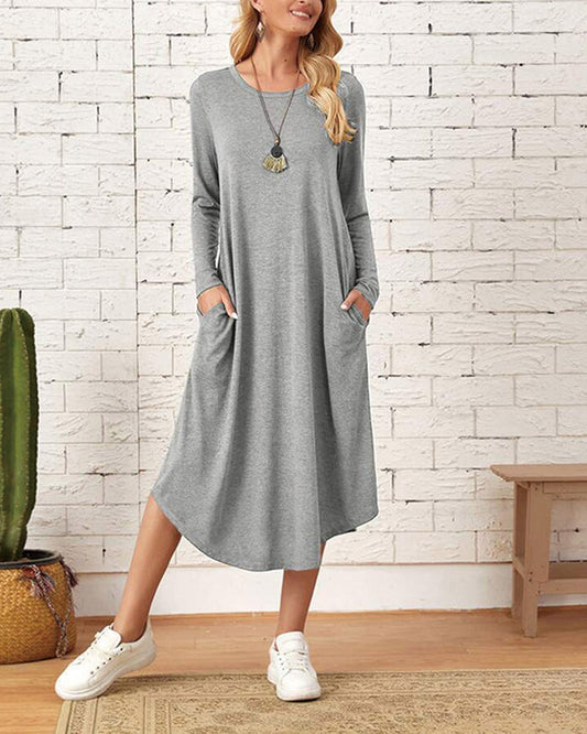 Milleke | Damesjurk met lange mouwen in de kleur Grijs voor dames in stijl ideaal voor de lente.