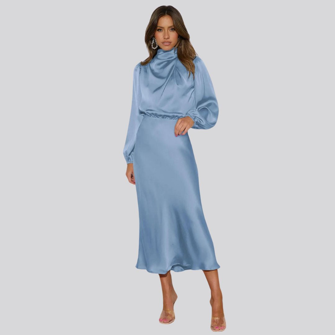 Nika | Satijnen midi-jurk dames in de kleur Blauw voor dames in stijl ideaal voor de lente.