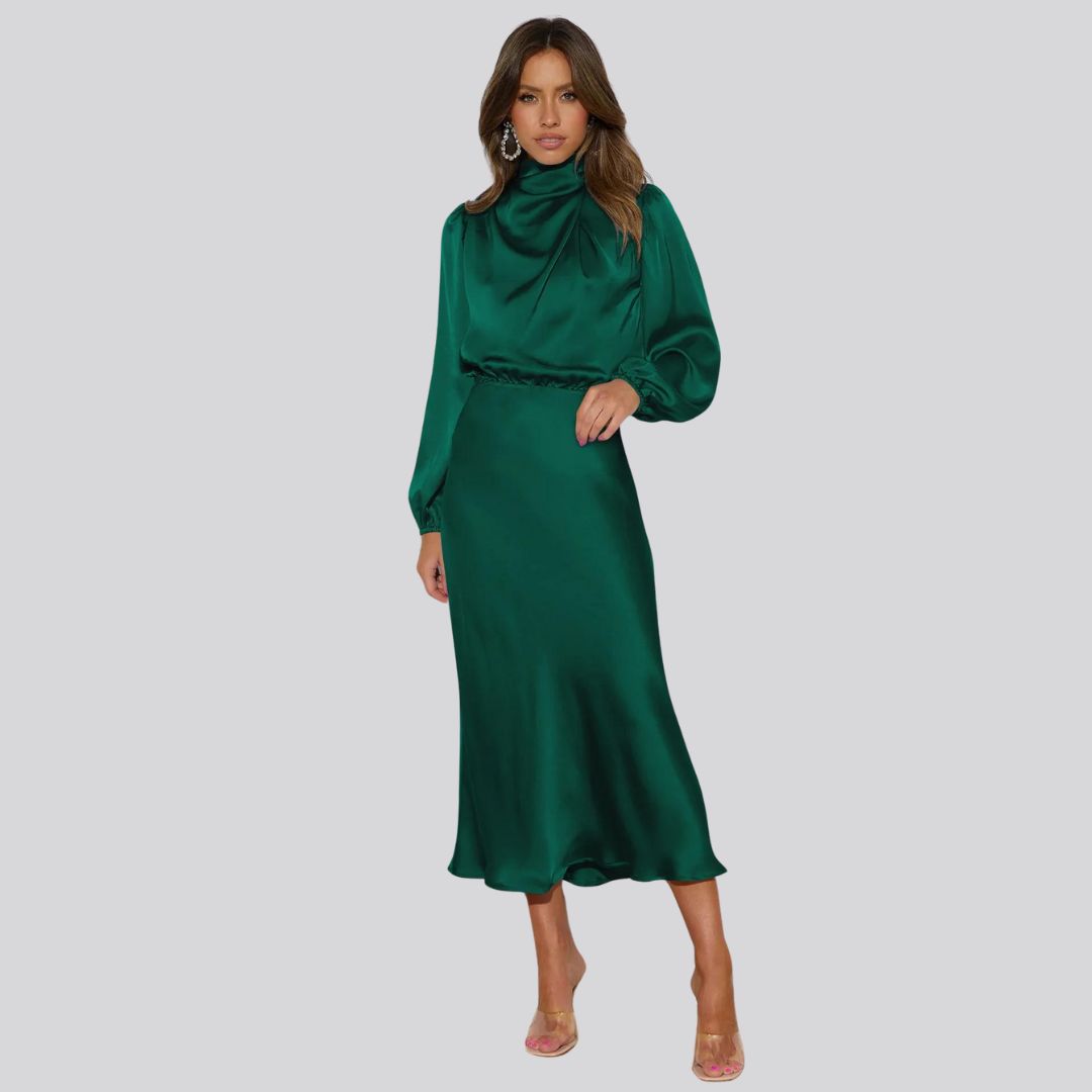 Nika | Satijnen midi-jurk dames in de kleur Donkergroen voor dames in stijl ideaal voor de lente.