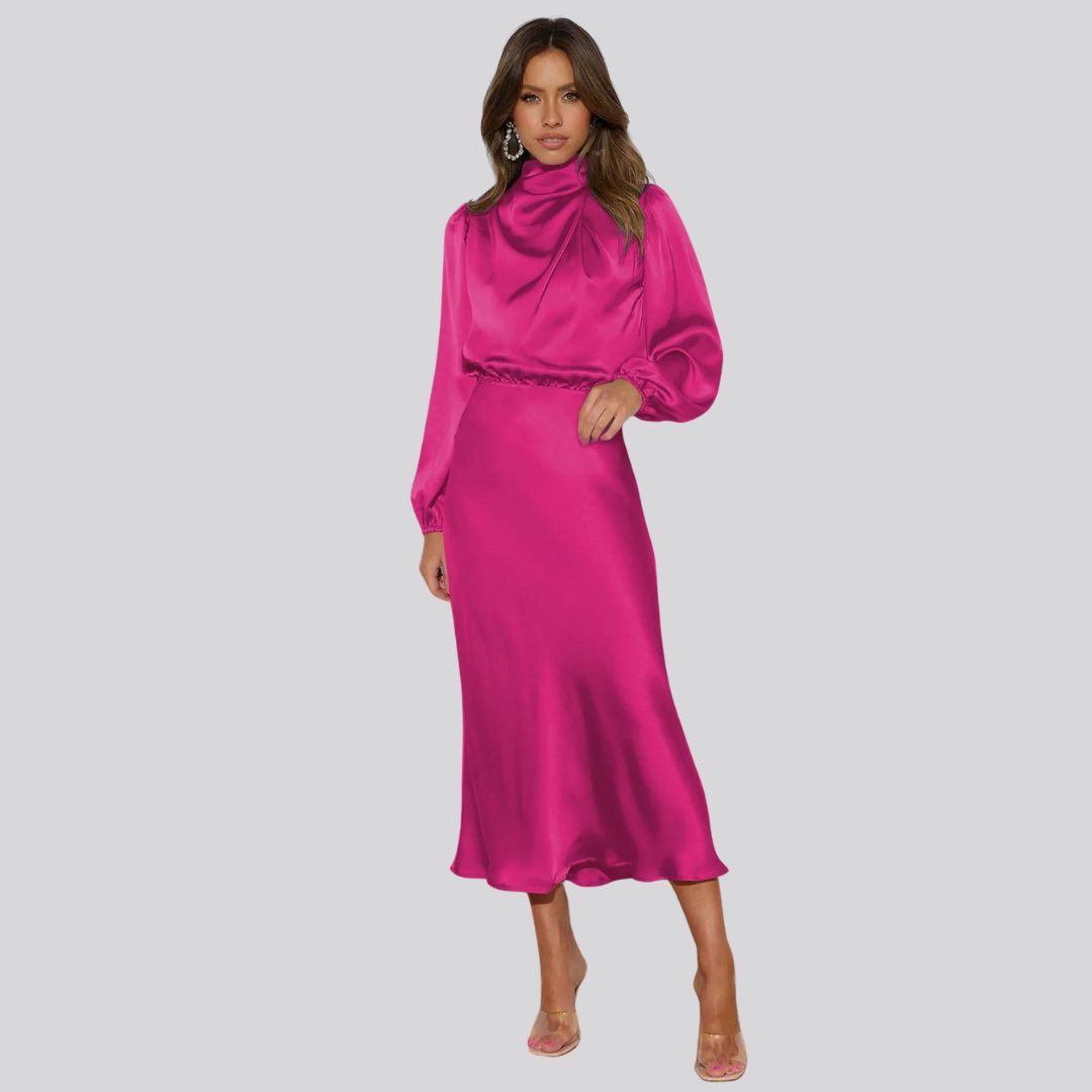 Nika | Satijnen midi-jurk dames in de kleur Fuchsia voor dames in stijl ideaal voor de lente.
