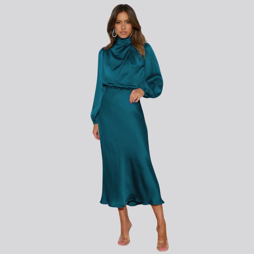 Nika | Satijnen midi-jurk dames in de kleur Zeeblauw voor dames in stijl ideaal voor de lente.