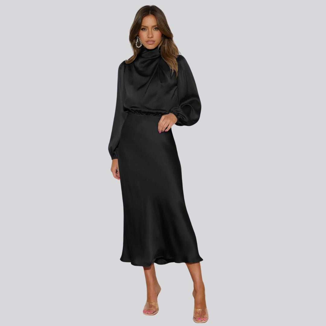 Nika | Satijnen midi-jurk dames in de kleur Zwart voor dames in stijl ideaal voor de lente.