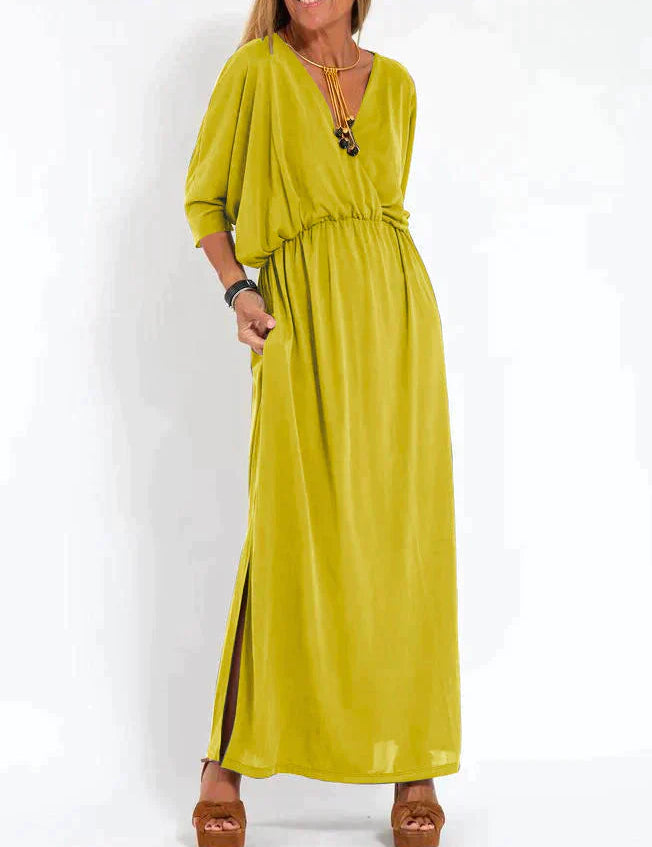 Nina | Zwarte elegante maxi-jurk in de kleur Geel voor dames in stijl ideaal voor de herfst.