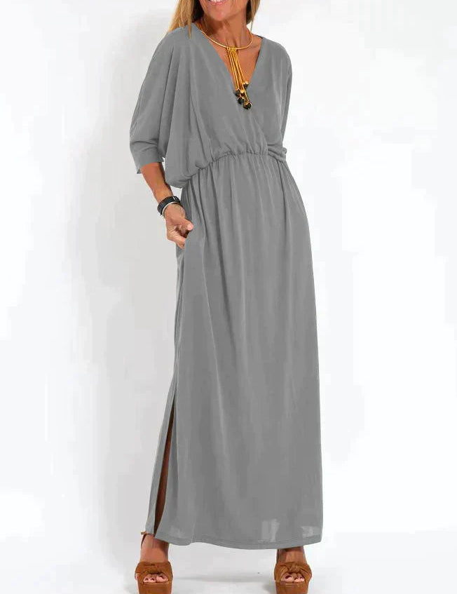 Nina | Zwarte elegante maxi-jurk in de kleur Grijs voor dames in stijl ideaal voor de herfst.
