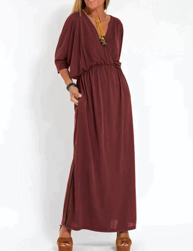 Nina | Zwarte elegante maxi-jurk in de kleur Wijnrood voor dames in stijl ideaal voor de herfst.