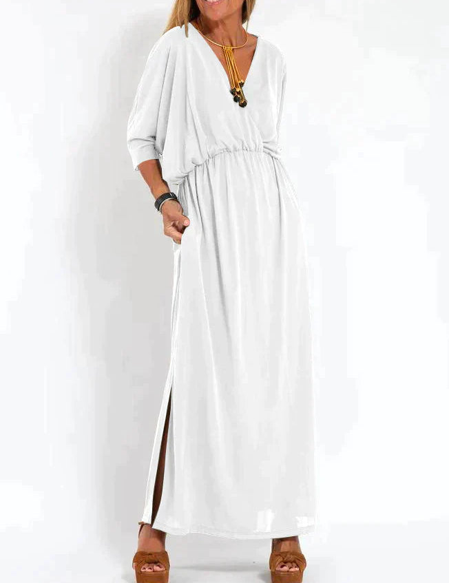 Nina | Zwarte elegante maxi-jurk in de kleur Wit voor dames in stijl ideaal voor de herfst.