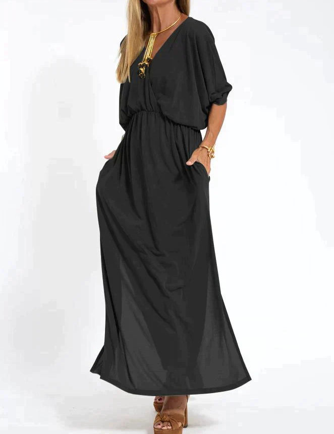 Nina | Zwarte elegante maxi-jurk in de kleur Zwart voor dames in stijl ideaal voor de herfst.