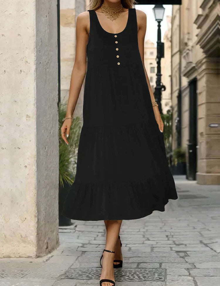 Nina zwarte midi-jurk met knopen in de kleur Zwart voor dames in Formal stijl ideaal voor de zomer.