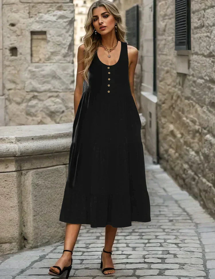 Nina zwarte midi-jurk met knopen in de kleur Zwart voor dames in Formal stijl ideaal voor de zomer.