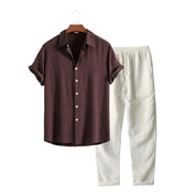 Philip | Linnen set met polo en broek in de kleur Bruin//Beige voor heren in Beach stijl ideaal voor de zomer.