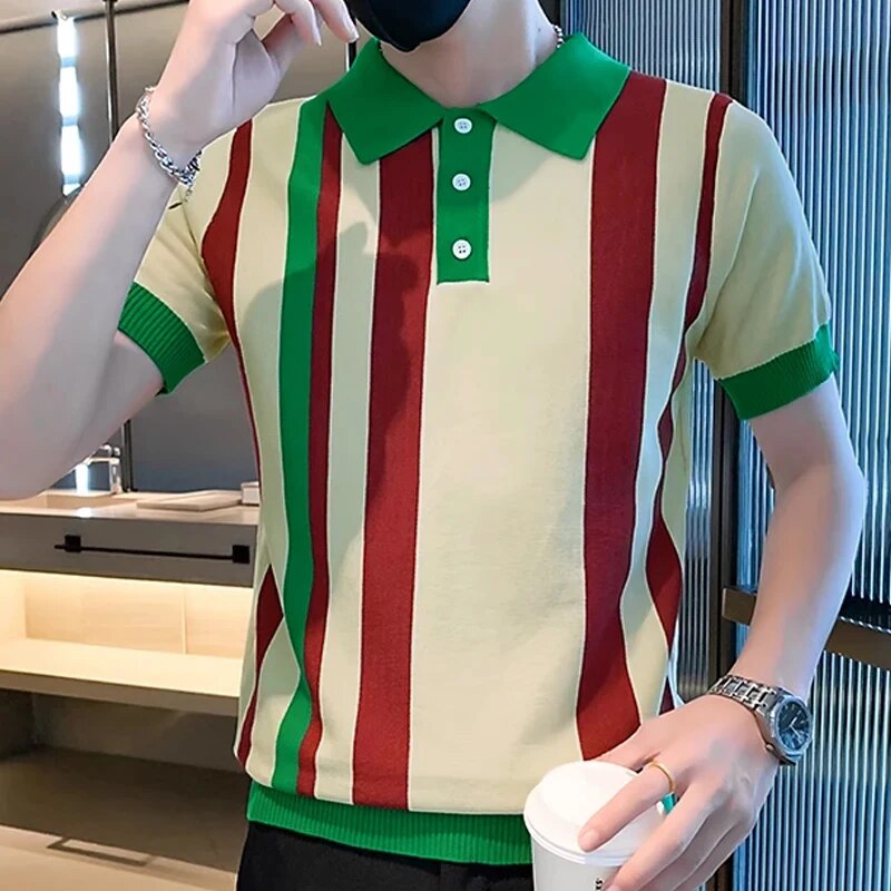Rinus | Gestreept poloshirt met stretch in de kleur Groen voor heren in Smart-casual stijl ideaal voor de lente.