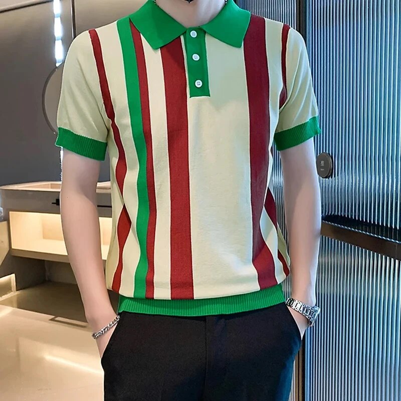 Rinus | Gestreept poloshirt met stretch in de kleur Groen voor heren in Smart-casual stijl ideaal voor de lente.