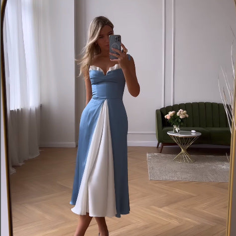 Sonia | Stijlvolle Patchwork Cocktailjurk met Split in de kleur Beige voor dames in Party stijl ideaal voor de lente.