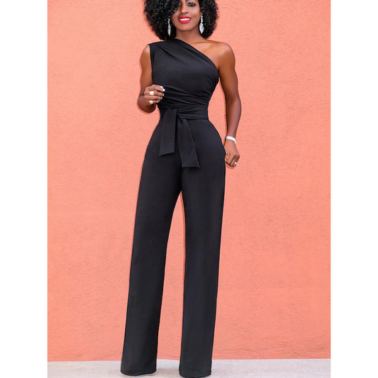 Sophie | Jumpsuit met wijde broek en korte mouwen in de kleur Zwart voor dames in Party stijl ideaal voor de herfst.