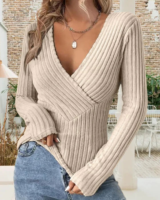Top met lange mouwen en ribbels in de kleur Beige voor dames in stijl ideaal voor de herfst.
