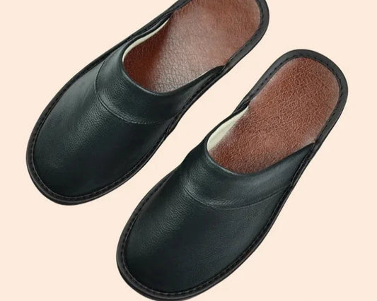 Luxe Zwarte Leren Heren Pantoffels - Warmte en Comfort