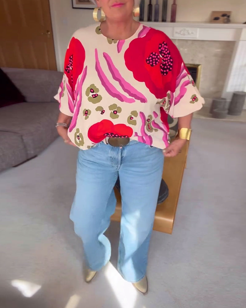Vrolijke top met ronde hals en halflange mouwen in de kleur Rood voor dames in stijl ideaal voor de herfst.