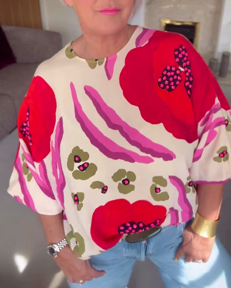 Vrolijke top met ronde hals en halflange mouwen in de kleur Rood voor dames in stijl ideaal voor de herfst.