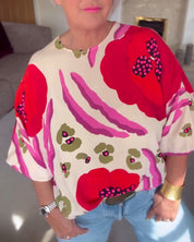Vrolijke top met ronde hals en halflange mouwen in de kleur Rood voor dames in stijl ideaal voor de herfst.