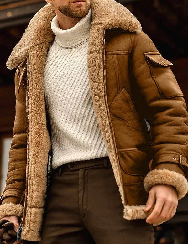 Wouter | Stijlvolle gevoerde bont leren herenjas in de kleur Bruin voor heren in stijl ideaal voor de winter