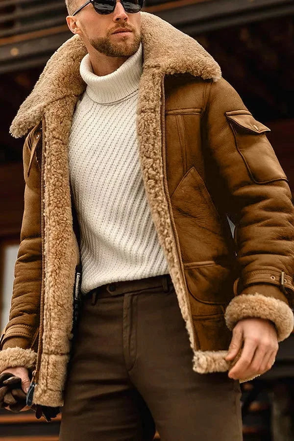 Wouter | Stijlvolle gevoerde bont leren herenjas in de kleur Bruin voor heren in stijl ideaal voor de winter