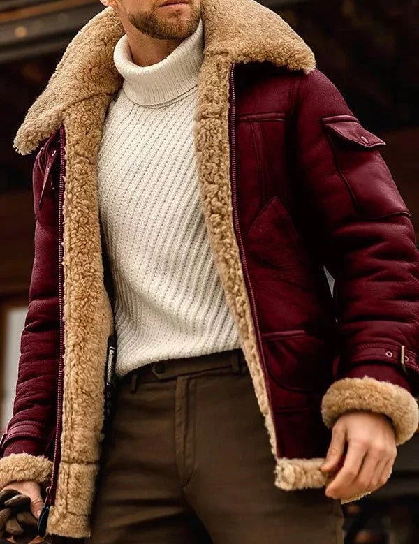 Wouter | Stijlvolle gevoerde bont leren herenjas in de kleur Rood voor heren in stijl ideaal voor de winter