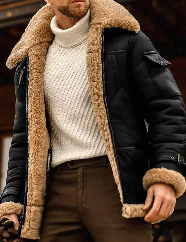 Wouter | Stijlvolle gevoerde bont leren herenjas in de kleur Zwart voor heren in stijl ideaal voor de winter