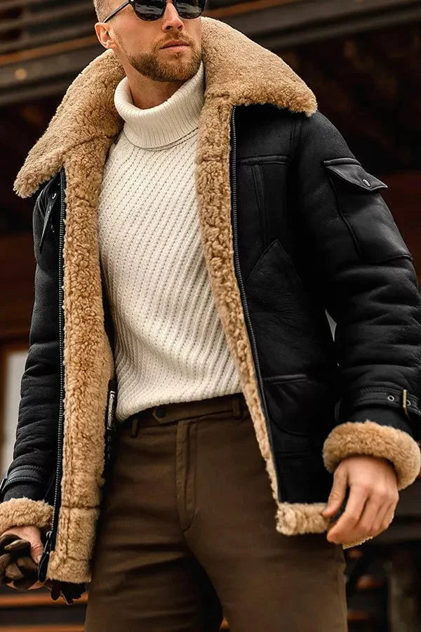 Wouter | Stijlvolle gevoerde bont leren herenjas in de kleur Zwart voor heren in stijl ideaal voor de winter
