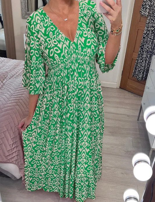 Bente | Bohemian Lange Jurk in de kleur Groen voor dames in stijl ideaal voor de zomer.