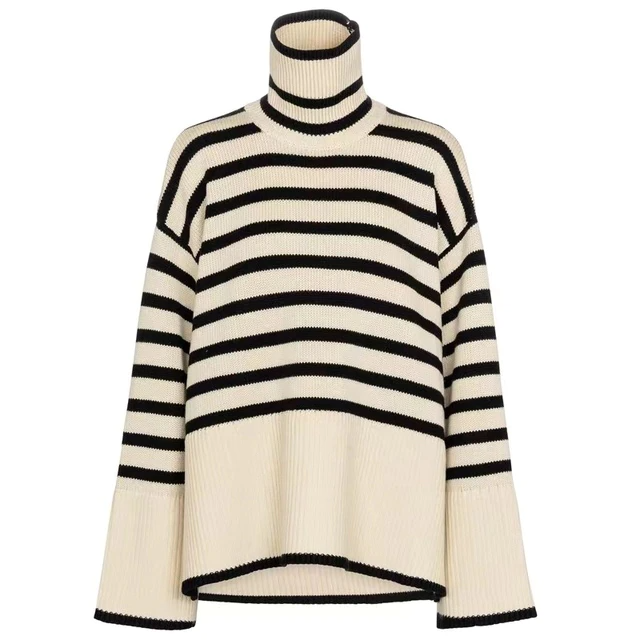Gestreepte coltrui in de kleur Beige voor dames in stijl ideaal voor de herfst.