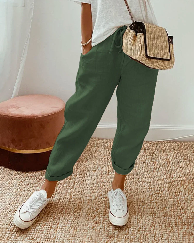 Laura | Pantalon van cotton en linnen in de kleur Groen voor dames in Formal stijl ideaal voor de herfst.