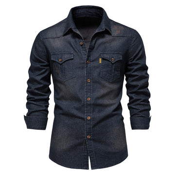 Martin | Elastisch katoenen denim overhemd in de kleur Marineblauw voor heren in Heritage stijl geschikt voor alle seizoenen.