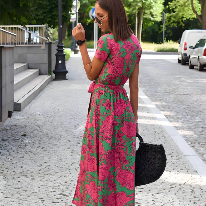 Valeria | V-hals Jurk in de kleur Groen/Roze voor dames in stijl ideaal voor de lente.